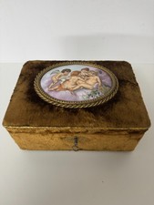 WUNDERSCHÖNE SAMT SCHMUCKSCHATULLE PORZELLAN ENGELN BILDNIS HANDBEMALT um1900