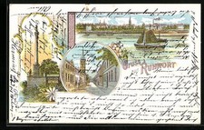 Lithographie Ruhrort, Finke-Denkmal, Fabrikstrasse, Ortsansicht von Homberg aus 