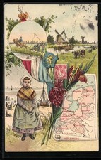 Ansichtskarte Kleine Holländerin in Tracht, Landkarte, Windmühle und Fahne 