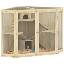 Hamsterkäfig aus Holz, Kleintierstall mit 4 Ebenen, Fütterungsstation, Wippe