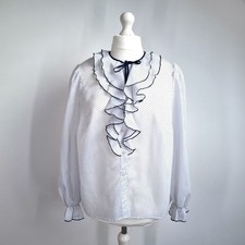 Vintage gepunktet Bluse Rüschen Ausschnitt Schleife 14 16 weiß marine Langarmshirt