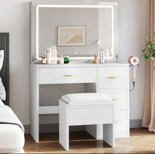 Schminktisch mit LED Beleuchtung Schiebespiegel und Hocker Kosmetiktisch Schminktisch