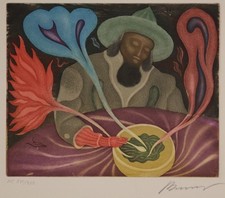 Arik Brauer: "Die Teigsuppe". Farbradierung 1973 Auflage XVI/XXX