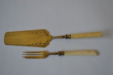 alter Tortenheber Kuchenschaufel + Vorlegegabel Horn- / Bein-Griff Jugendstil