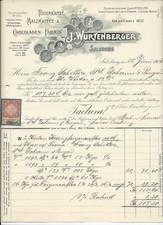 Alte Rechnung Briefkopf Salzburg 1904 J. Würtenberger Kaffee- Schokoladenfabrik