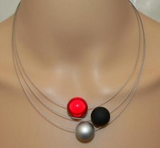 3 reihiges Collier Halskette Perlen schwarz silber grau 16/18mm Miracle Rot 154