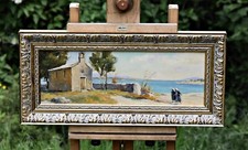 Women walking along the shore to the chapel- oil painting, signed Friedl