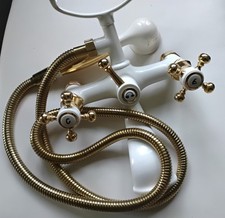 Wannen-Armatur+Duschkopf Weiß/gold Retro Kreuzgriff Messing?
