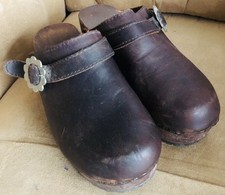 Schwedisch Holzclogs Klogs  Sandalen Bordeaux Braun Echtleder Handarbeit Gr 39