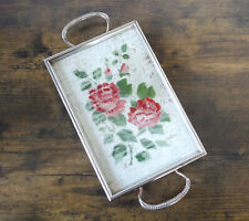 Shabby Chic Kleines Servier Tablett Rosen Bild hinter Glas  Metallmontur Silbern
