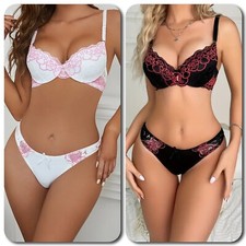 Elegantes Dessous Set BH und String Tanga mit floraler Spitze und Farbblock