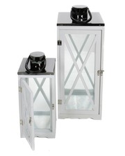 2er Set Deko Holzlaterne Gartenlaterne für Stumpenkerzen Weiß Laterne Windlicht 