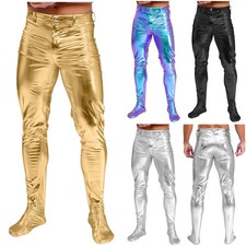 DE Männer Glänzende Strumpfhose Enge Tanzhosen Lange Hosen mit Füßen Clubwear