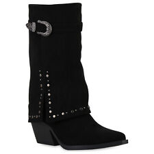 Damen Cowboystiefel Stiefel Spitze Nieten Holzoptikabsatz 841523 Schuhe 