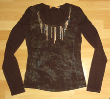 T-Shirt Gr. XS BIBA Stretch langarm Pailletten Pullover Pulli Ärmel gerafft