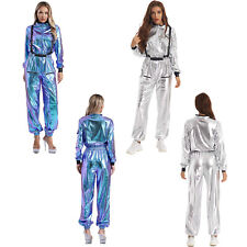 Damen Astronaut Kostüm Weltraumfahrer Ganzkörperanzug Glänzende Overall Jumpsuit