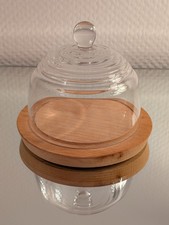 Käseglocke/Zwiebelglocke aus Glas und Holz, 15 cm Durchmesser, 70er Jahre