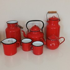 Emaille Rot Konvolut Milchkanne Tasse Teekanne Milchtopf Wasserkocher Vintage