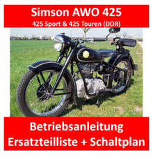 Simson AWO 425 Sport & Touren BETRIEBSANLEITUNG HANDBUCH Ersatzteilliste E-BOOK