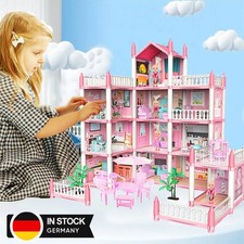 4 Etagen 11Zimmer Puppenhaus + Möbeln und Zubehör inkl. kleine Puppe LED Licht