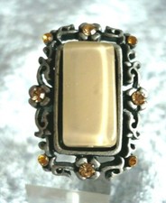 großer Folklore Schmuck Ring Glas Inlay + STRASS creme bernstein alt silber NEU