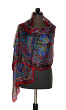 Schal Seidentuch Silk Scarf Tuch Rot-Blau indische Motive Handarbeit-Indien