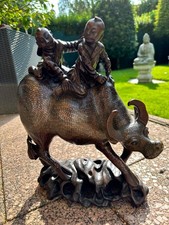 China Holzschnitzerei  mit Silberfäden Wasserbüffel mit zwei Reitern