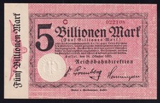 Cassel Kassel: 5 Billionen Mark 24.10.1923 - Serie C - Reichsbahn - Unc