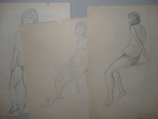 Weibliche Akte Frauen Körperhaltung Studien - 3 Bleistiftzeichnungen - 1955