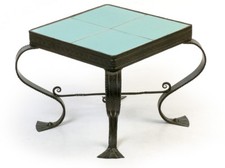 Beistell-Blumen-Tisch Schmiedeeisen Kacheln türkis Midcentury side table