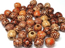 50 Holzperlen 16mm Runde Schmuck Bastelholz Großes Loch 5mm Tibetisch Motiv H56