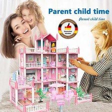 4 Etagen 11Zimmer Puppenhaus + Möbeln und Zubehör inkl. kleine Puppe LED Licht