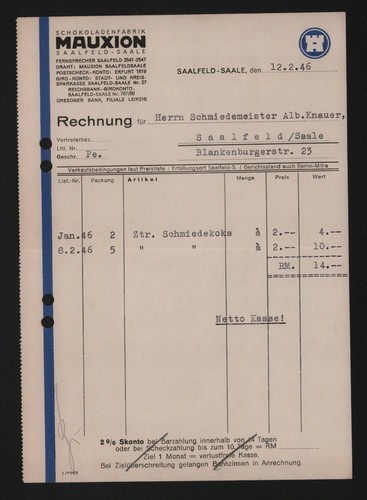 Saalfeld saale rechnung 1946 - rechnung,