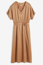 Satin-Kleid mit Bindegürtel Gr. 50 Eiskaffee Damen-Dress Midi Freizeitkleid Neu