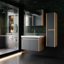 Badezimmer Set Hochschrank Waschtisch Spiegel Unterschrank Badmöbel Badset Eiche