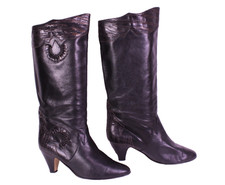 Vintage Damen Stiefel Slouch Boots Leder schwarz Gr. 40 Boho 80's Slip-On PSH962