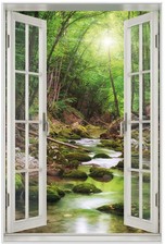 Wallario Poster mit Fenster-Illusion Fluss im Wald