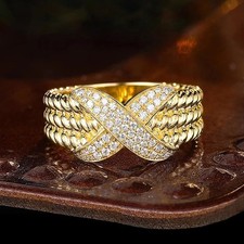 X-Form goldener Ring - vergoldet - Zirkonia Steine - Damen Größe 55-63 Neu