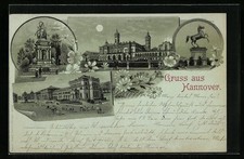 Mondschein-Lithographie Hannover, Polytechnikum, Sachsen-Ross, Kriegerdenkmal,  