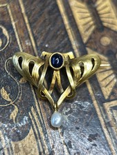 RAR Jugendstil Martin MAYER Mainz Brosche Gelbgold 585 14K blauer Stein Perle