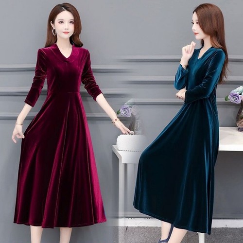 Damen velour midi kleid - damen,