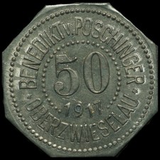 NOTGELD: 50 Pfennig 1917. BENEDIKT V. POSCHINGER LINDBERG-OBERZWIESELAU / BAYERN