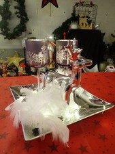 Weihnachten Deko tablett Glas LED Lichterkette Federn Elch Rentier Silber