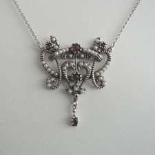 Jugendstil Kette Granat Granatschmuck Perle Collier Halskette Antik Silber 925/-