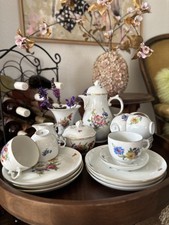 Fürstenberg Kaffeeservice 6 Personen, Bunte Blume Dekor, Goldrand, mit Vase