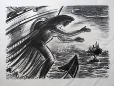 FRANS MASEREEL, 1889 - 1972 . " GALIONSFIGUR mit BLICK auf SCHIFFE " 1963 .