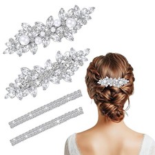 Haarspangen Set 4 Stück mit Strasssteinen Silber Blumen Hochzeitsaccessoires