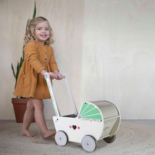 Holz Puppenwagen Weiß Mint Lauflernwagen Retro Stil Kinder Spielzeug ab 3 Jahren