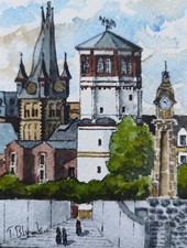 ORIGINAL AQUARELL - Lambertuskirche, Schloßturm und Pegeluhr in Düsseldorf.