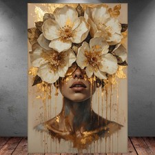LEINWAND BILD ER XXL ABSTRAKT FRAU BLUMEN GESICHT BUNT GOLD WAND POSTER P1887